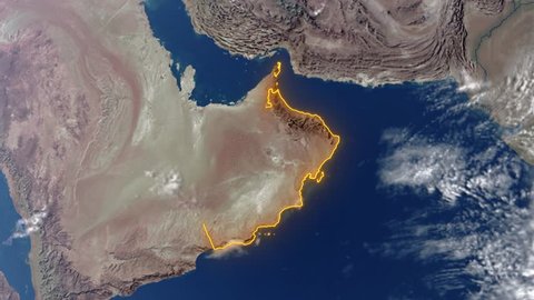 Realistic 3d animated earth showing the borders of the country Oman and the capital Muscat in 4K resolution
