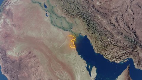 Realistic 3d animated earth showing the borders of the country Kuwait and the capital Kuwait City in 4K resolution
