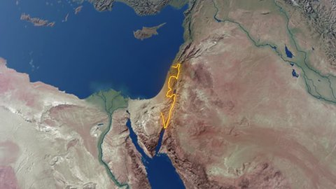 Realistic 3d animated earth showing the borders of the country Israel (without Gaza Strip and West Bank) and the capital Jerusalem in 4K resolution