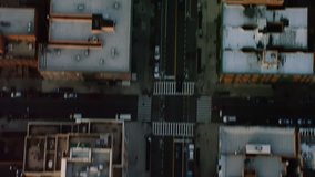 Aerial view of buildings and street, New York, dim day light in winter. Wide shot. 4k shot with a RED camera.