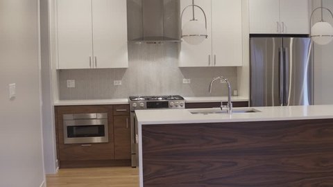 modern luxury kitchen, interior walk through, steady cam, minimalistic design