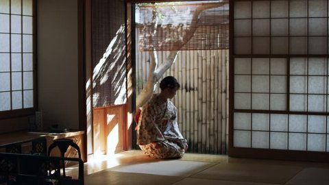 Woman in floral kimono opening a screen door, bowing, and entering a traditional Japanese room with soft day lighting. Wide shot on 4k RED camera. Video stock