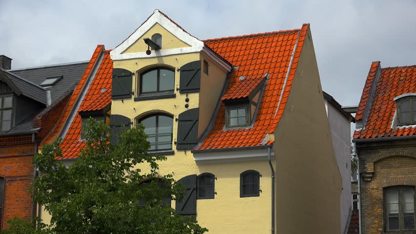 Roofs of old houses in Copenhagen. Denmark. Shot in 4K (ultra-high definition (UHD)).