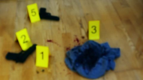 Crime scene with handgun, bullets, markers, and bloody clothes