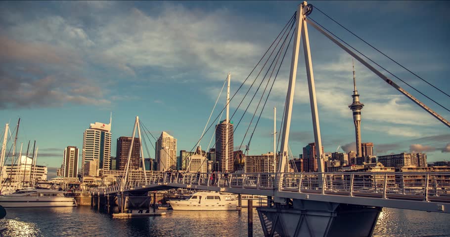 Sunset time-lapse at the Wynyard Crossing in Auckland