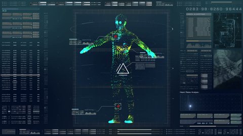 Futuristic motion element user interface information technology virtual biomedical holographic human body scan diagnostic with data and telemetry head up display for background computer desktop screen