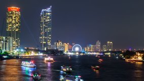 time lapse of passenger boat at the river of city in Night time