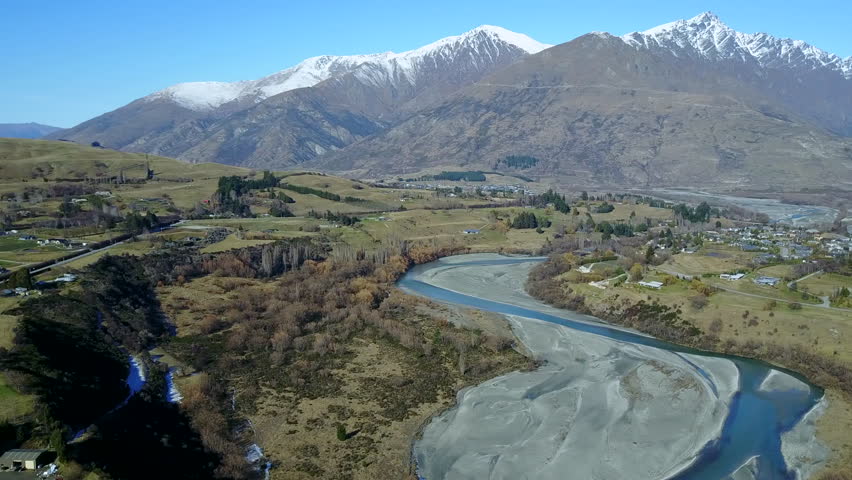 4K. Aerial view of Shotover river near Queenstown, one of the most popular travel destination in South Island, New Zealand