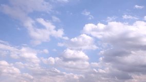 Formating white rolling clouds time lapse, fluffy, puffy white cloudscape horizon panorama view, nature summer sunny lightness day, blue clear skies.