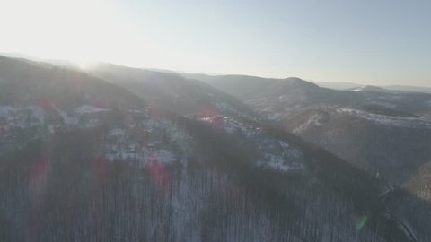 Cold winter morning in mountain forest with snow covered fir trees. Splendid outdoor scene of Stara Planina mountain in Bulgaria. Beauty of nature concept background landscape - Image
Shot  with drone