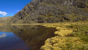 View of a small pond in the Andean heights, in the central mountain range of the Peruvian Andes.