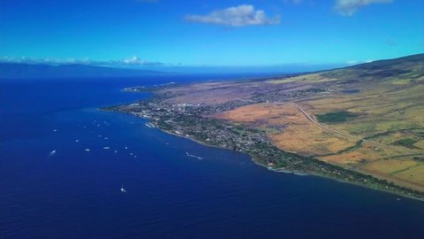 Aerial view of the dry west coast of Maui and the town of Lahaina. Hawaii