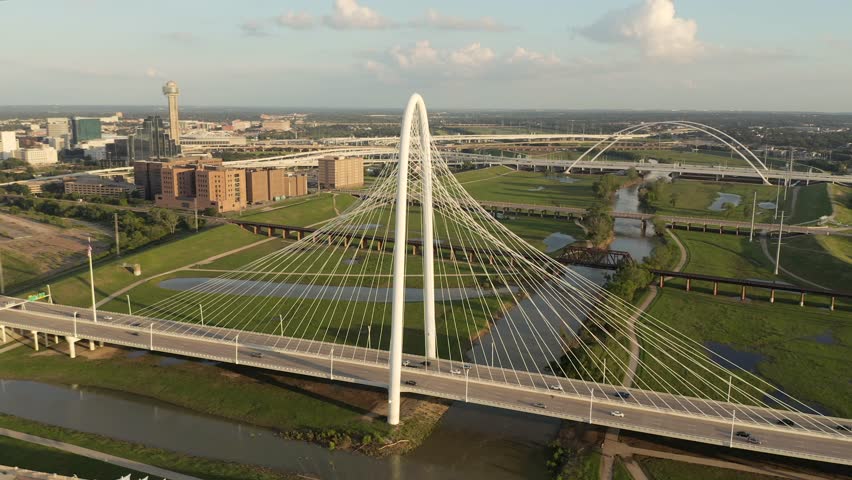 Aerial Zoom Out of Margaret Hunt Hill Bridge Dallas Texas