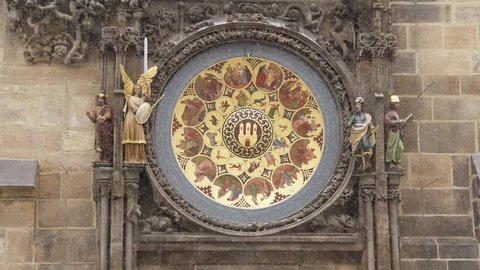 A medieval astronomical clock Orloj located in Prague in snow fall winter season, Old Town Square the capital of the Czech Republic.