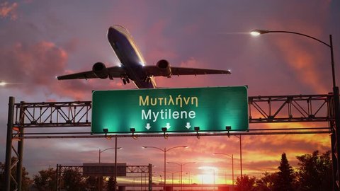 Airplane Take off Mytilene during a wonderful sunrise