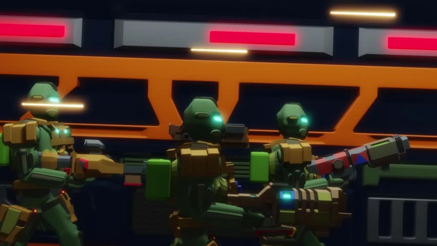 Squad of futuristic soldiers running through sci-fi corridor under the firing. Low poly 3d animation.