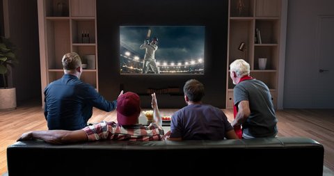 Group of fans are watching a cricket moment on the TV and celebrating a victory, sitting on the couch in the living room. The living room is made in 3D.