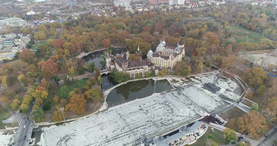 Budapest park and monument, aerial 4k