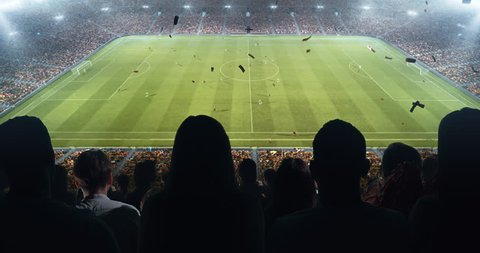 Fans celebrating the success of their favorite sports team on the stands of the professional stadium. Stadium is made in 3D and animated.