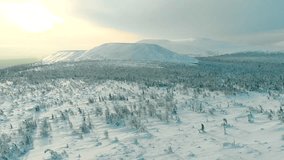Epic Snow Mountain Landscape Aerial VIdeo 4K. Travel WInter Extreme Weather Hiking Mountaineering And Trekking Concept. Drone Flight Over Snow Mountains Landscape With Pine Forest Cinematic Video.