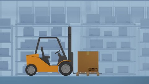 autonomous driving forklift with a carton box, concept of warehouse automation and industry 4.0, low poly cartoon style, alpha mask (3d render)