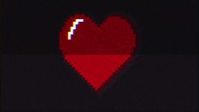 Intentional noise distortion fx tv transmission: a bright red heart on a black background, pixel art pop style.
