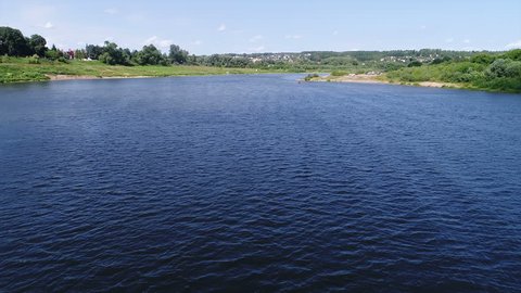 Flying over Oka River City Tarusa