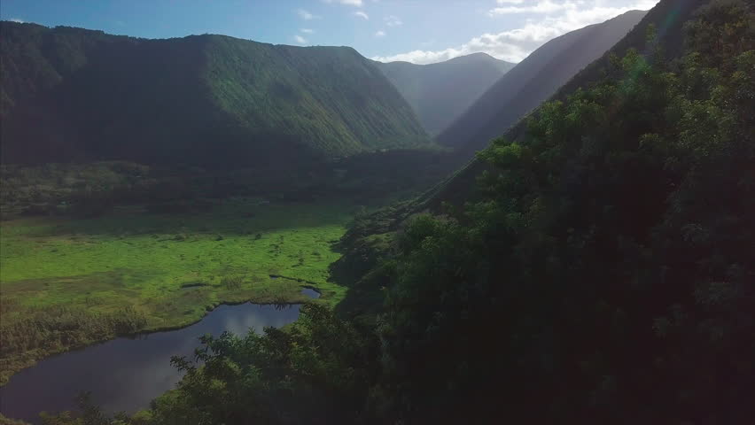 Aerial view of the Waipio valley. Big Island, Hawaii. Fly over the trees.