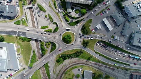 Areal top drone footage of traffic on roundabout Norway Oslo