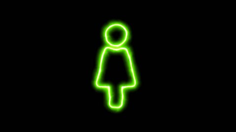 The appearance of the green neon symbol female. Flicker, In - Out. Alpha channel Premultiplied - Matted with color black