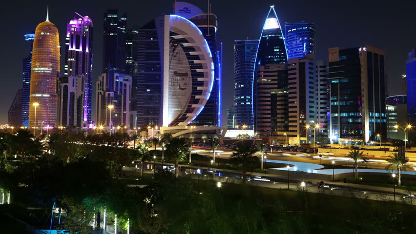 QATAR, DOHA, MARCH 20, 2018: UHD 4K night timelapse of Corniche road traffic in financial centre in Doha - capital and most populous city in Qatar, Persian Gulf, Arabian Peninsula, Middle East | Shutterstock HD Video #1022324293