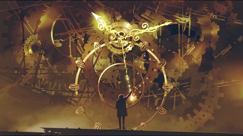 man with a lantern standing in front of the big golden clockwork, motion painting