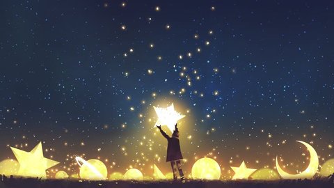 Motion painting, reach out for the stars, young boy standing among glowing planets and holding the star up in the night sky