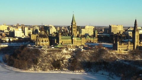 Aerial view of winter snow covered Ottawa Canada downtown near Parliament Hill