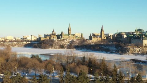 Aerial view of winter snow covered Ottawa Canada downtown near Parliament Hill