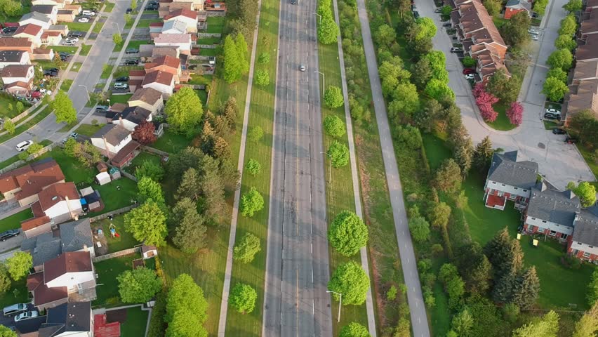 Aerial photograph of the road and residential area. Viewpoint from above. 