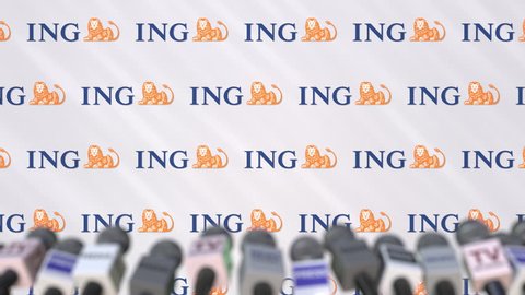 Media event of ING, press wall with logo and microphones, editorial animation