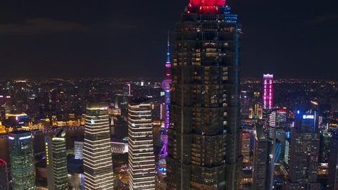 SHANGHAI, CHINA - CIRCA October 2018  Aerial view of Lujiazui(The bund) in Shanghai.nightscape
