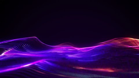 4K Big data wave of particles. Futuristic neon glowing surface. Abstract motion background
