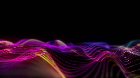 4k Big data wave of particles. Futuristic neon glowing surface. Abstract motion background