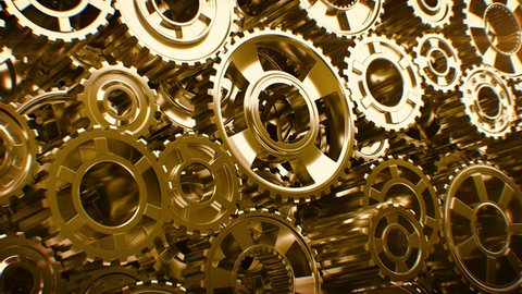 Beautiful Golden Gears Wall Seamless Rotation. Beautiful Looped 3d Animation. Abstract Working Process. Teamwork Business and Technology Concept. 4k Ultra HD 3840x2160. 