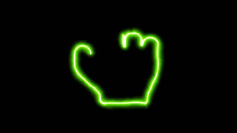 The appearance of the green neon symbol hand fist. Flicker, In - Out. Alpha channel Premultiplied - Matted with color black