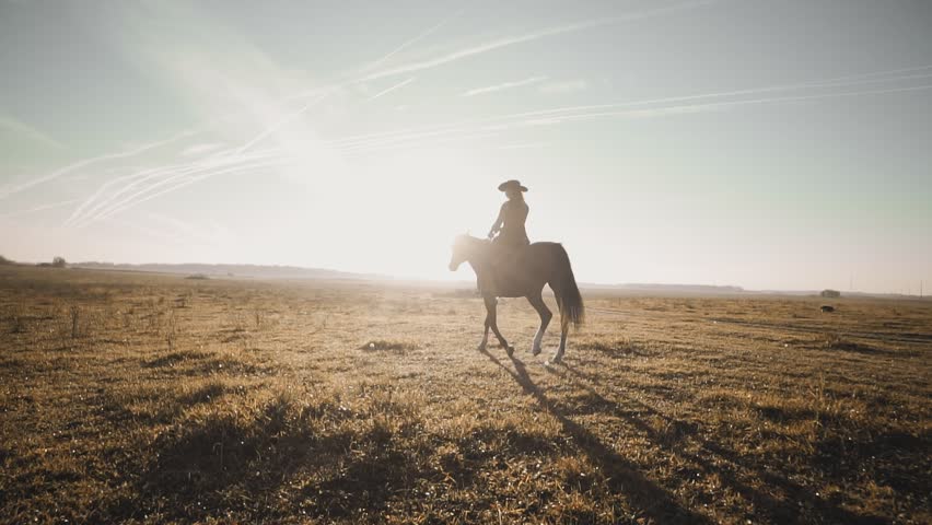 Young cowgirl at brown horse in slow motion outdoors. Beautiful woman riding a horse in background sunrise in field Royalty-Free Stock Footage #1022384431