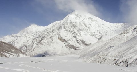 Mount Everest wide shot POV view of himalayan snowcapped rock mountains in Nepal and Tibet