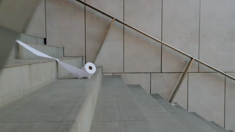 Toilet Paper Is Rolls Down The Steps. White Soft Toilet Paper.