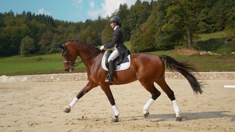 SUPER SLOW MOTION: Young English rider trotting on horseback around the manege on a sunny day in the countryside. Girl training with her beautiful brown stallion for their first dressage competition.