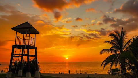 timelapse sunset at lifeguard tower in Karon beach. Karon beach is broad and long Sand and beautiful beach suitable for swimming and used as a training dive.
Karon beach have many kind of water sports