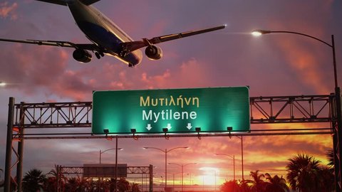 Airplane Landing Mytilene during a wonderful sunrise