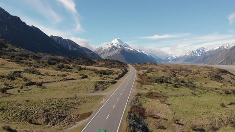Road that leads to Mount Cook in New Zealand Stock Video