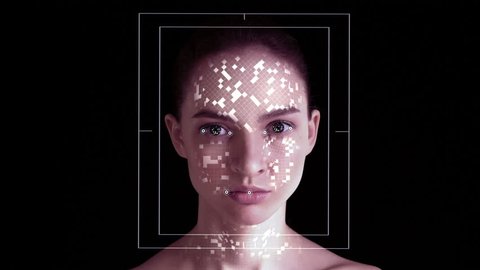 Facial Recognition System. Face ID. Face Detection Dots and Trackers. Futuristic and Technological 3D Scanning of the Face of a Beautiful Woman for Facial Recognition and Scanned 3D Polygonal Mesh.